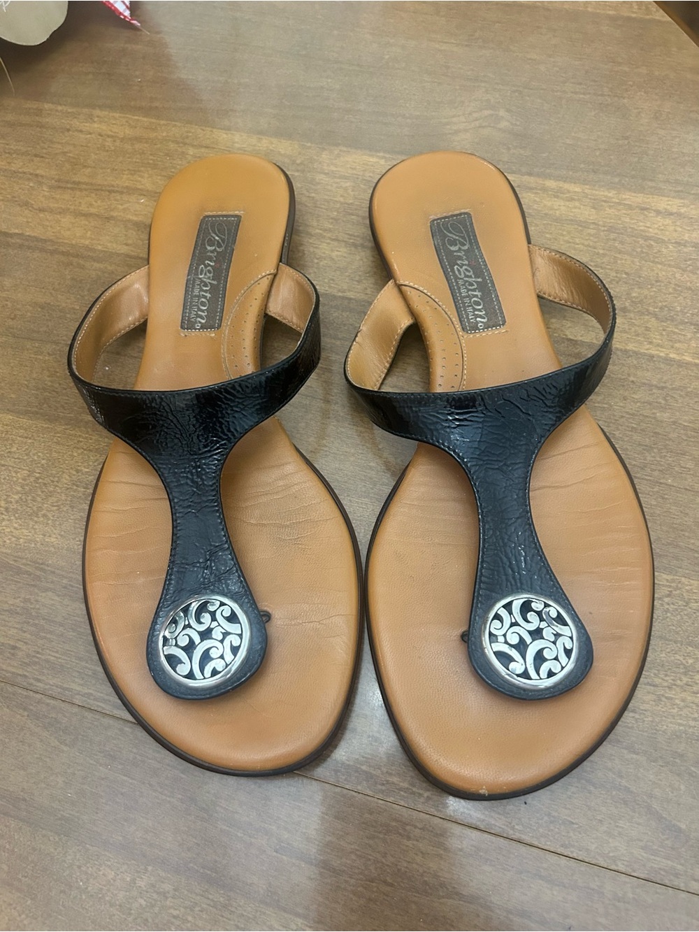 Brighton Black Leather T-Strap Sandals with Silver Medallions